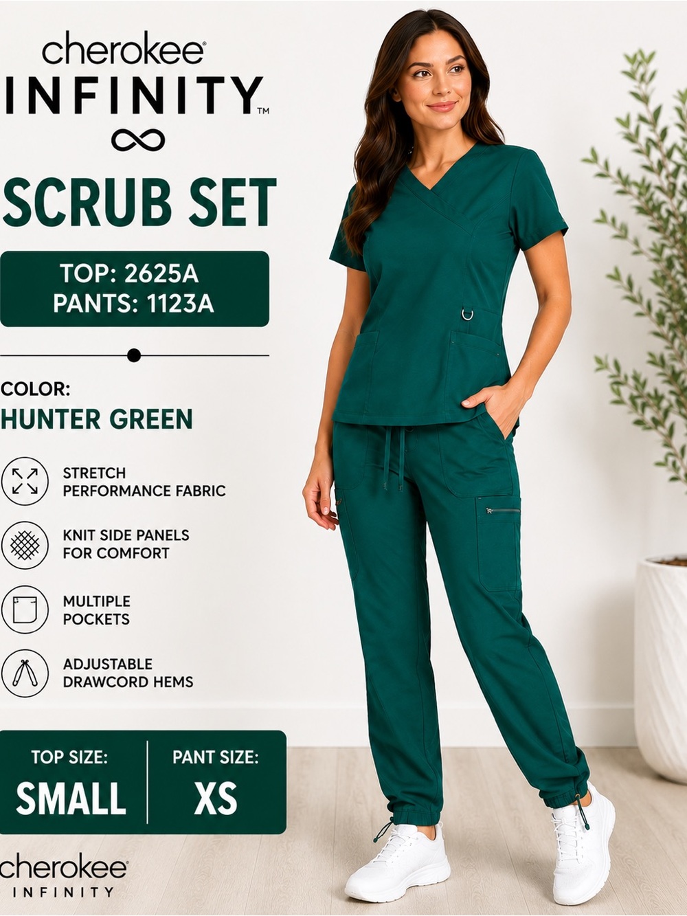Cherokee Infinity Scrub Set S Top XS Pants Hunter Green Stretch